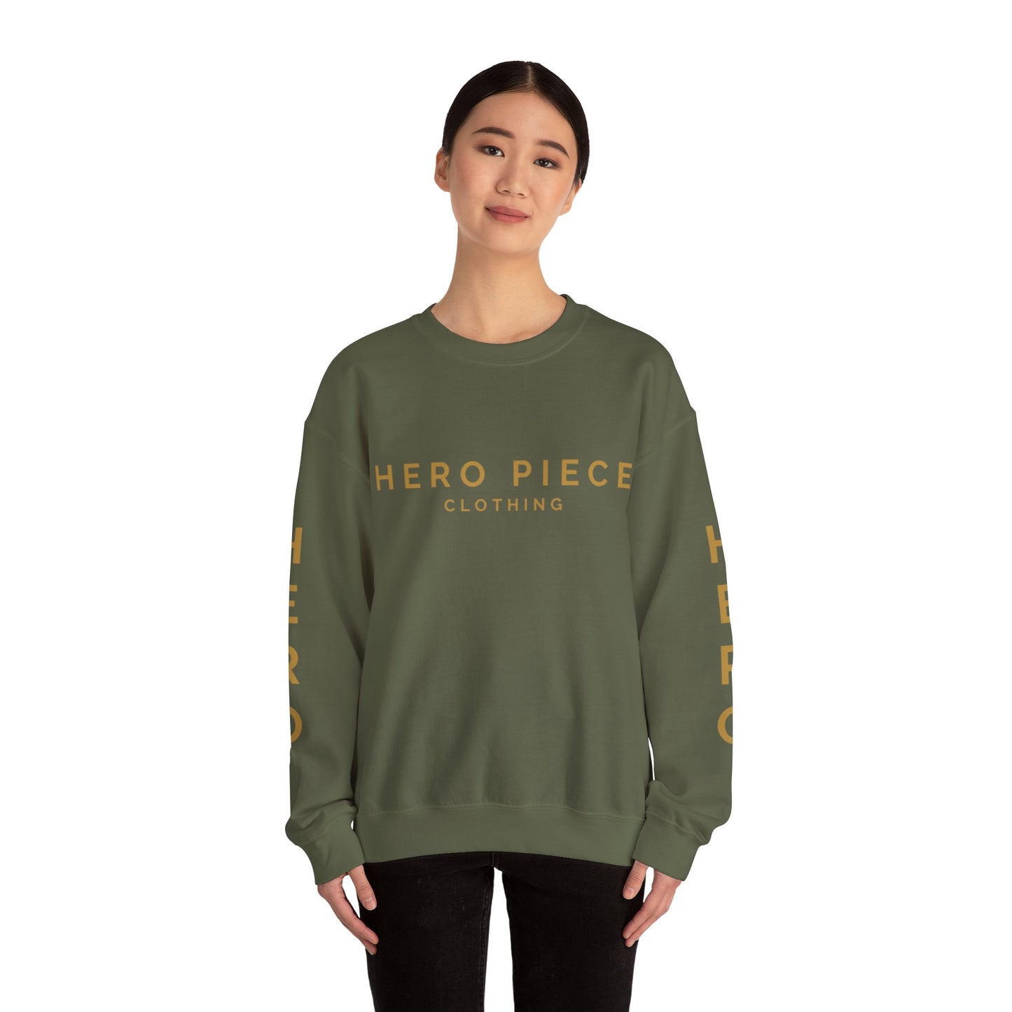 Bold Logo Military Green Unisex Sweatshirt, Crewneck Jumper, Army Green Pullover, Gold Logo Sweater, Men's Women's Fall Fashion