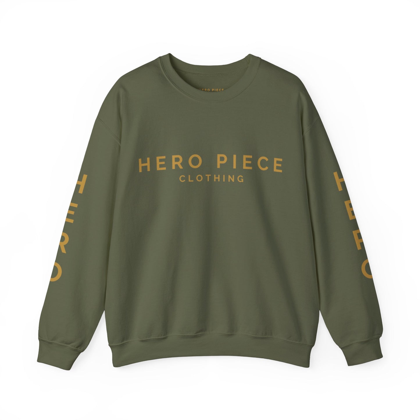 Bold Logo Military Green Unisex Sweatshirt, Crewneck Jumper, Army Green Pullover, Gold Logo Sweater, Men's Women's Fall Fashion