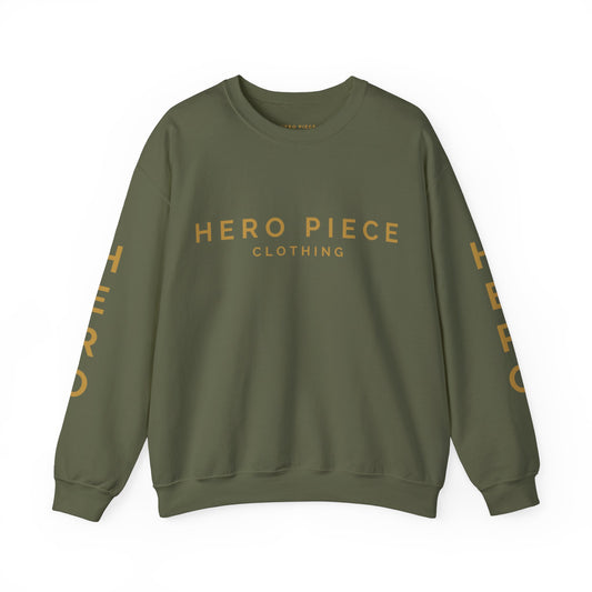 Bold Logo Military Green Unisex Sweatshirt, Crewneck Jumper, Army Green Pullover, Gold Logo Sweater, Men's Women's Fall Fashion